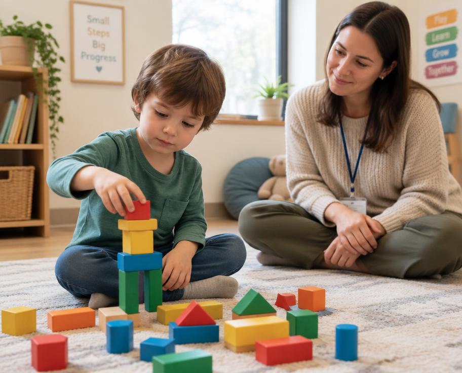 Criança brincando com blocos coloridos em uma sala de atividades