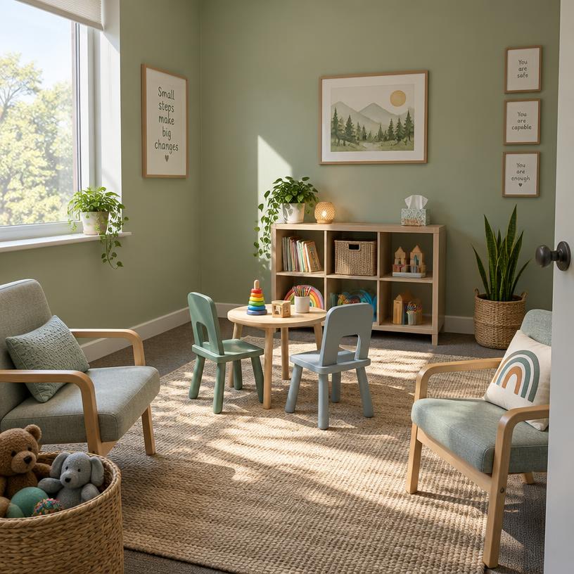 Sala de atividades terapêuticas com brinquedos e materiais lúdicos